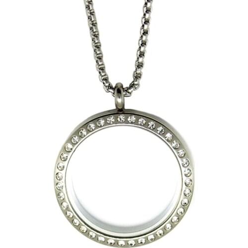 Newest 30mm round Screw crystal 316 stainless steel Memory living glass locket glass locket floating charms with Bamboo chain