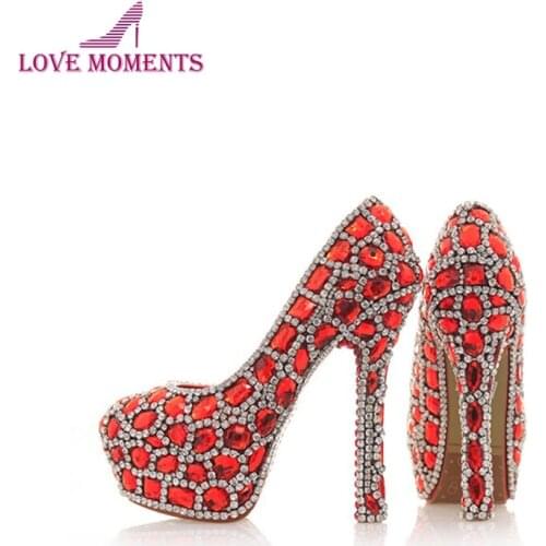 Newest Arrived Seven Kinds of Heel Height Red With Silver Color Rhinestone Bridesmaid Wedding Shoes Party Prom High Heels