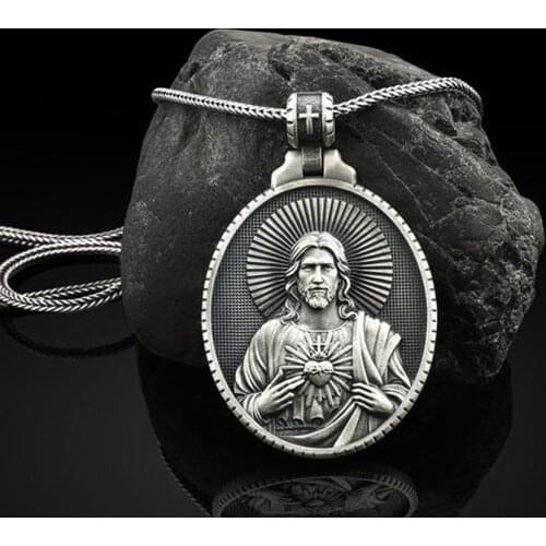 New Christian Jesus Sacred Heart Pendant Gift Chain Necklace Catholic Retro Mens Religious Pendant Necklace