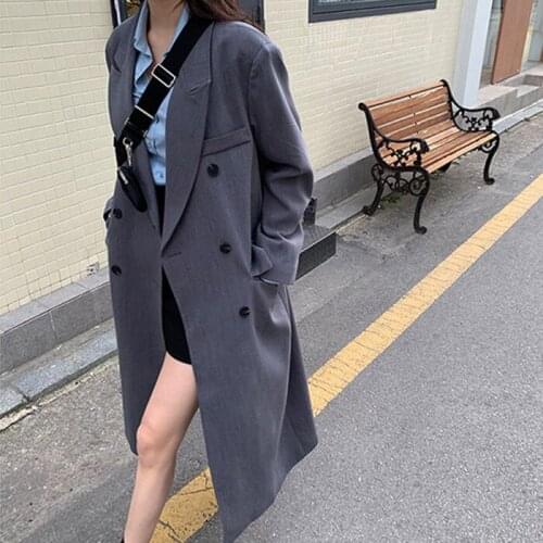 2021 autumn new suit coat womens middle and long Korean straight tube appears thin solid color double breasted suit