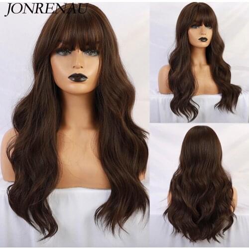 JONRENAU Long Brown Color Synthetic Natural Wave Wigs with Neat Bangs for White/Black Women Party Wear