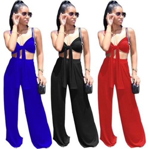 Sexy Two Piece Set Fashion Solid Color Strap Tube Top Bandage Backless Loose Trousers Matching Suit Women Summer