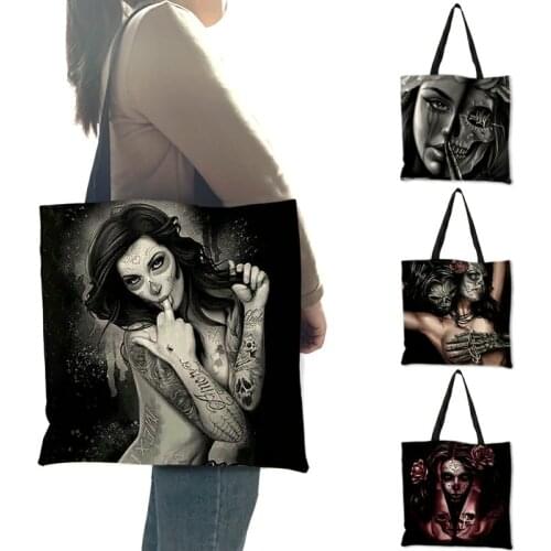 Casual Handbag in Woman Totes Skull Art Tatoo Horror Image Linen Daily Life Work Travel Portable Shoulder Bag All Seasons