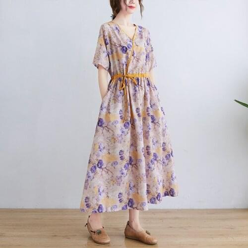 Sundress 2021 New Cotton Print Floral Fashion Summer Dress V-neck Draw String Vintage Dress Travel Casual Women Beach Dress