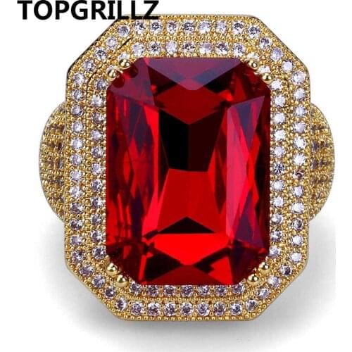 TOPGRILLZ New Fashion Hip Hop Ring Gold Color Plated Iced Out Bling Micro Pave CZ Stone Red Rhinestone Rings With 7,8,9,10,11