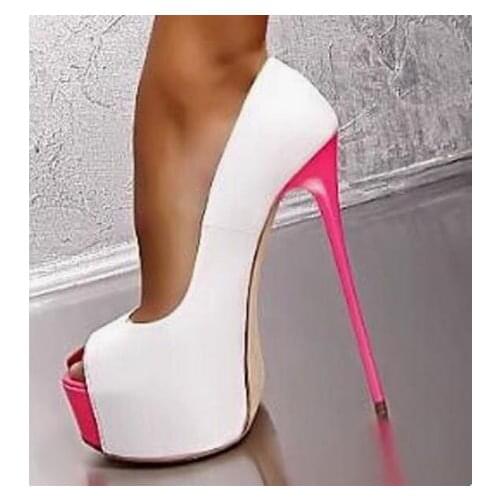 Customized Pink Heels Peep Toe Pumps Women Shoes Cut-out Slip-on White Patent Leather Patchwork Ladies Dress Shoes Plus Size