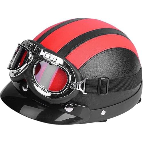 Universal Motorcycle Scooter Synthetic Leather Open Face Half Helmet with removable leather scarf and UV-resistant Goggles