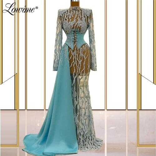 Dubai Design Heavy Beading Long Sleeves Evening Dresses 2021 Mermaid Arabic Illusion Party Gowns Prom Dress Robes De Soirée