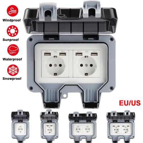 IP66 Waterproof Socket With Dual USB Wall Electrical Outlets 16A Outdoor Garden Weatherproof Switched Socket Covers EU Plug