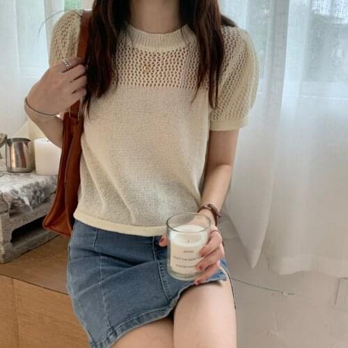Summer 2021 New Blouse for Women Knitted Short Sleeve Korean Linen Retro Hollow Knitwear Tops Womens Lady Clothing Blusas 15564