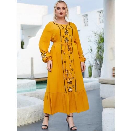Plus Size Muslim Dress Women Dubai Turkey Lace-up Robe Embroidery Kaftan Ethnic Long Sleeve Wild Dresses Abaya Islamic Clothing