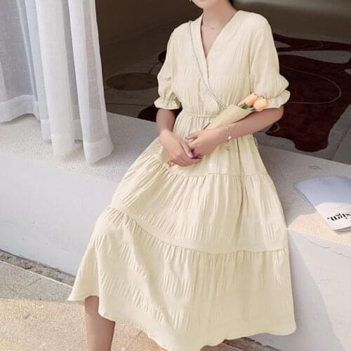 Fashion Short-Sleeved Elastic Waist Natural Pleated V-Neck Dress Elegant Pure Color WomenS Dress 2021 Spring And Summer New