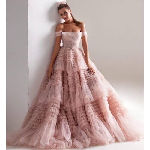 Sweet 16 Pink Off Shoulder Tulle Party Dress Graduation Dresses Tiered Ruffles Prom Gowns Quinceanera Dresses
