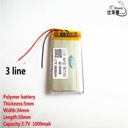 5pcs/lot 3 line Good Qulity 3.7V,1000mAH,503450 Polymer lithium ion / Li-ion battery for TOY,POWER BANK,GPS,mp3,mp4