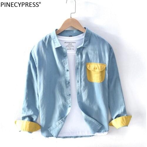55% Linen 45% Cotton Anti-static Breathable Cool Patchwork Pocket Summer Long Sleeve Man Shirt Male Quality Fashion Men Shirts