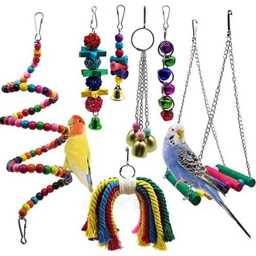 7pcs/Set Multi-Choice Pet Bird Parrot Bell Toy Christmas Wooden Rattan Toys Chew Bite Toys Pet Bird Cage Hanging Decor