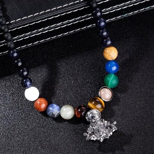 Astronaut Pendant 9 Planets Solar System Men Necklace Matte Onyx Stones Meditation Spaceman Stretchy Universe Jewelry