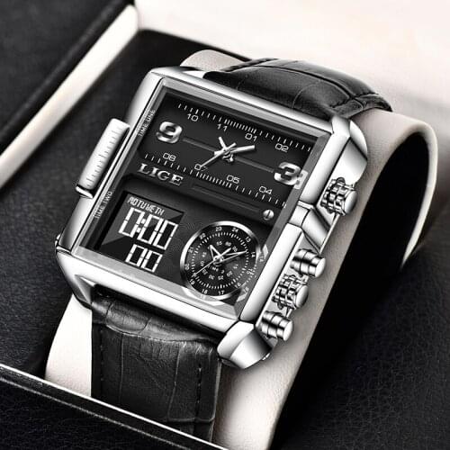 2021 New Casual Leather Mens Watches Top Brand Luxury Double Quartz Watch For Men Waterproof Week Date Electronic Digital Clock