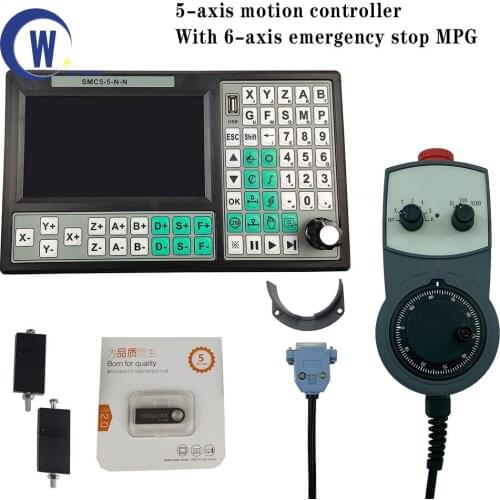 CNC 5 Axis Offline Mach3 USB Controller SMC5-5-N-N 500KHz G-Code 7 inch Large Screen + 6 Axis Emergency Stop Hand Wheel MPG