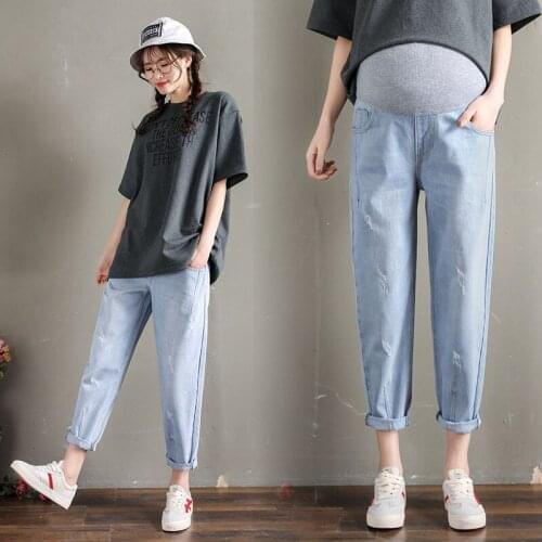 Denim Maternity For Pregnant Women Vintage Washed Elastic Waist Belly Loose hole nine points jeans haren pants plus size