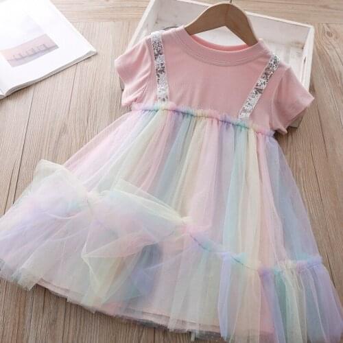 Lovely Baby Girls Dresses 2 Solid Colors Suspender Rainbow Mesh Dress New Summer Fashion Beach Dress Elegant Princess Dress