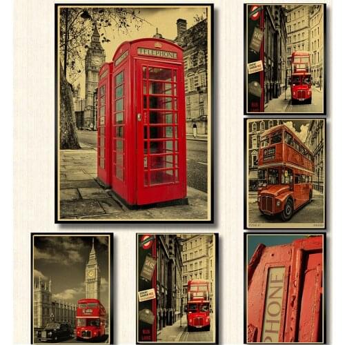 London red buses and telephone booths/Tower of London/retro Kraft wallpaper/ cafe bar decorated Vintage poster