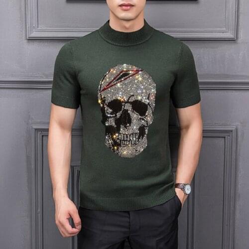 Mens Casual 3D Brand 5XL Skull Hot Rhinestone Soft Fabric Knitted T-Shirt Sweater Youth Short Sleeve