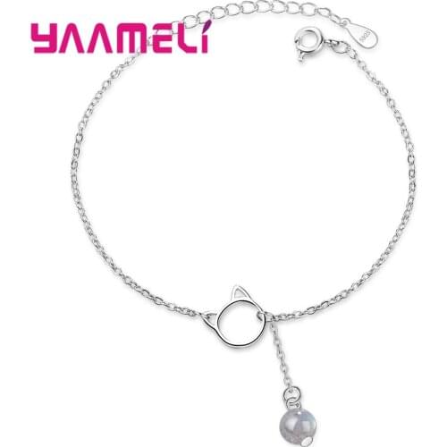 New Genuine 925 Sterling Silver Lovely Cat+2 Colors Bead Pendant Bracelets For Women Ladies Crystal Jewelry Present