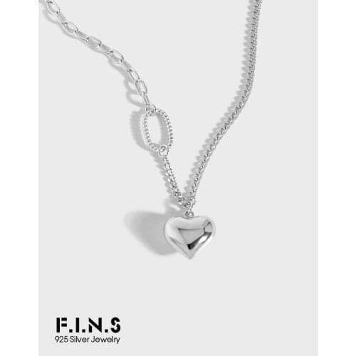 F.I.N.S Korean Fashion Asymmetric Chain Texture S925 Sterling Silver Necklace Smooth Heart Pendant Oval Pendant Fashion Fine 925