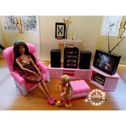 Genuine for barbie furniture tv sofa sound living room dream house furniture set 1/6 bjd doll accessories video child toy gift