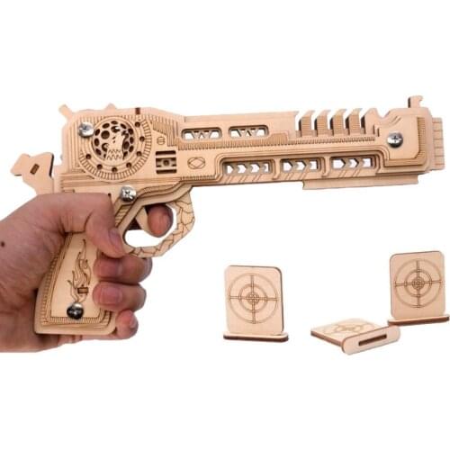 War Wolf Rubber Band Pistol Laser-Cut Wooden DIY Jigsaw 3D Puzzle Wooden Shooting Toy Launcher Assembly Toy Children Gift