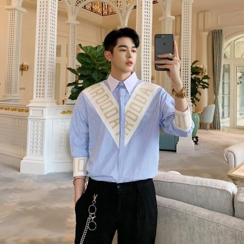 Men Streetwear Fashion Blue Striped Casual Shirt Male High Street Three Quarter Sleeve Shirts Stage Clothes