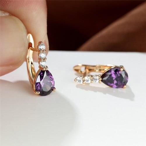 Purple Crystal Water Drop Stone Earrings Dainty Multicolor Zircon Hoop Earrings Boho Gold Color Bride Wedding Earrings For Women