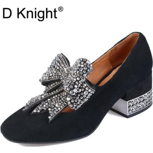 2020 Spring New Women Pumps Shoes Black Suede Rhinestone Bow Ladies Single Shoes Retro Square Head High Heels Runway Shoes Women