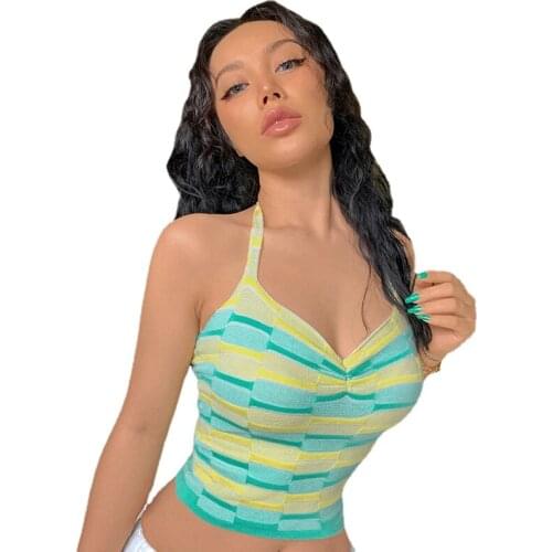 Woman Halter Knited Crop Vest Colorfull geometric Printed V Neck Backless Crop Tank 2Color S-L HT13943