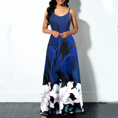 Women Casual V Neck Spaghetti Straps Floral Print Long Dress Summer Sexy Boho Large Hem Sling Maxi Dresses Robe Femme