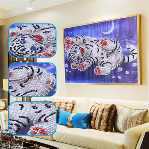 Diamond Embroidery 5D Diy Special Shaped Diamond Painting Cross Stitch Cute Little White Tiger Animals Paintings Hobbies Crafts