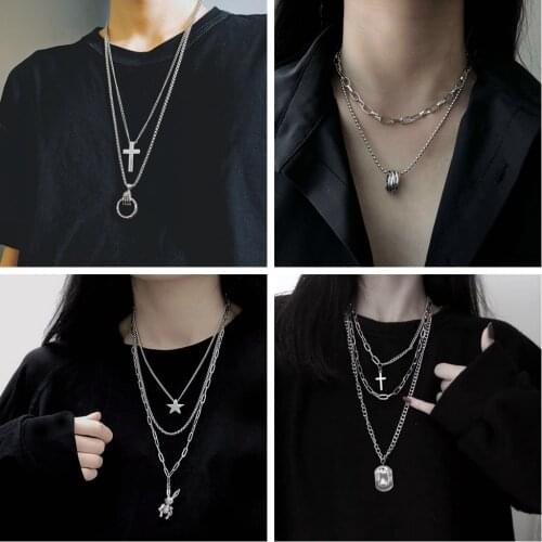 New Personality Hip Hop Multilayer Necklace Metal Cross Pendant Silver Color Chain Necklace for Women Men Unisex Jewelry
