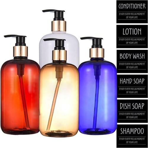 500ml Bathroom Shampoo Shower Bottles Refillable Liquid Soap Dispenser Press Dispenser with Separate Label Stickers