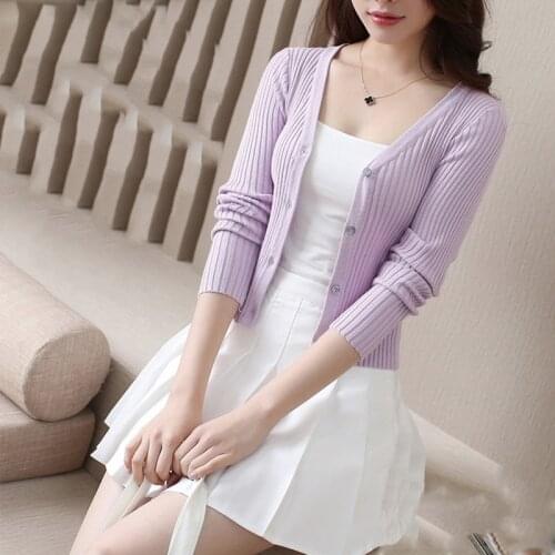 QRWR Spring Autumn Women Sweater Casual Solid Color Knitted Cardigan V Neck Long Sleeve Single Breasted Slim Fit Cardigan Women