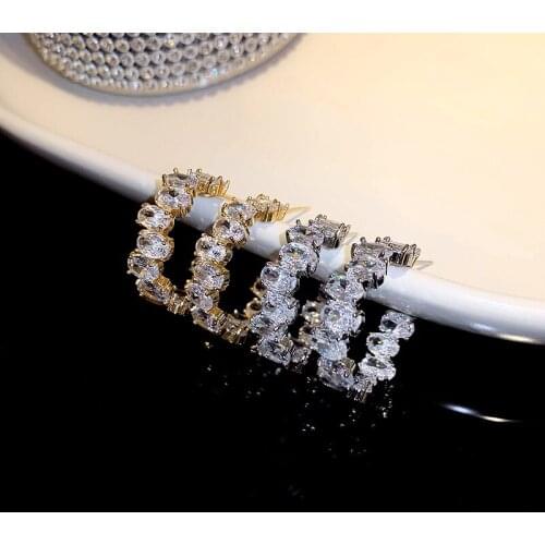 Exknl Classic Zircon Crystal Hoop Earrings Korean Big Silver Color Geometric Earrings for Women Wedding Statement Jewelry