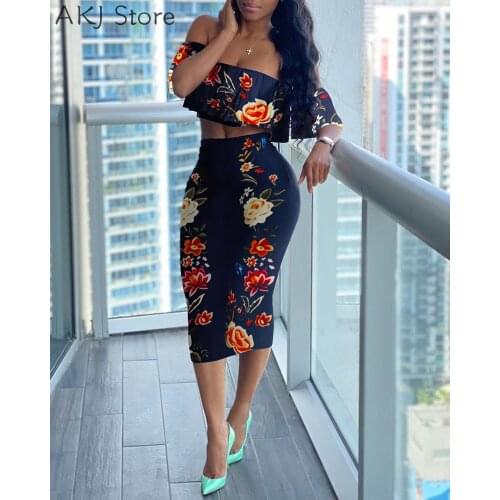 2 Piece Sets Floral Print Ruffles Off Shoulder Top & Skirt Set