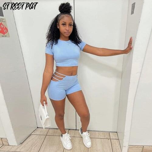 Summer Hollow Out Women 2 Two Pieces Set Fashion Short Sleeve Crop Tops+Shorts Sets Skinny Slim Solid Casual Femme Outfits