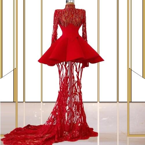Plus Size Long Sleeves Red Prom Dresses Lace Elegant Cocktail Party Dresses For Women Vestido De Mujer Dance Performance Gowns
