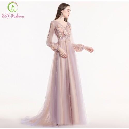 SSYFashion New Sweet Purple Pink Lace Flower Prom Dress Long Sleeve V-neck Sweep Train Party Formal Gown Robe De Soiree Custom