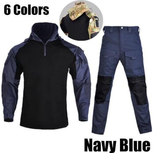 Navy Blue Military Uniform Camouflage Long Sleeve Hooded Tactical Shirt Pants Outdoor Army Fan Training Combat Clothes Plus Size