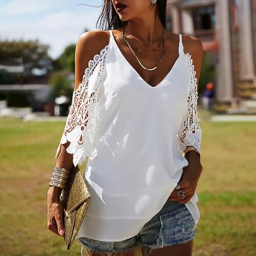Women Off Shoulder Blouse Shirt Elegant Lace Patchwork Loos Top And Blouse Sexy V Neck Oversize Casual Copped Fashion 2021 New