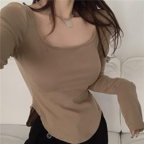 Womens t-shirts autumn shirt solid color sexy low collar irregular slim harajuku round neck long sleeve pullover woman tshirts