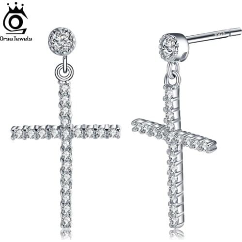 ORSA JEWELS 100% 925 Sterling Silver Big Cross Drop Earrings With AAA Zircon Silver Earring Women Party Jewelry Gift 2019 OSE37