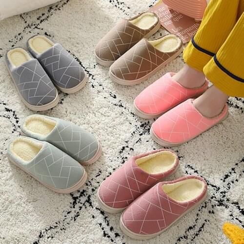 Women Winter Warm Plush Slippers Men Cotton Slippers Solid Color Stripes Lovers Home Indoor Shoes Plush Size Flat Couple Shoes